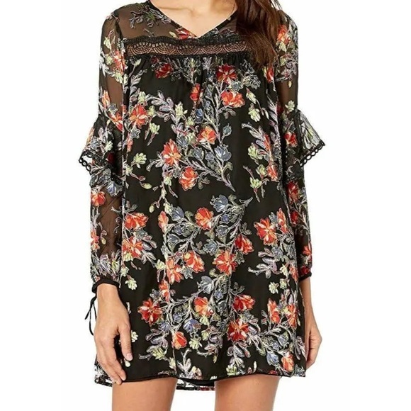 Miss Me Women's‎ Black Printed Lace Trim Long Sleeve Mini Dress Size Large - Picture 2 of 11